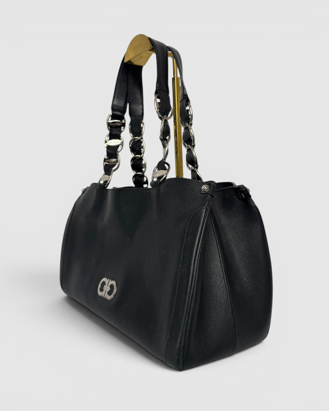 Salvatore Ferragamo Black Saffiano Leather Nicoletta Tote Bag w Silver Accents