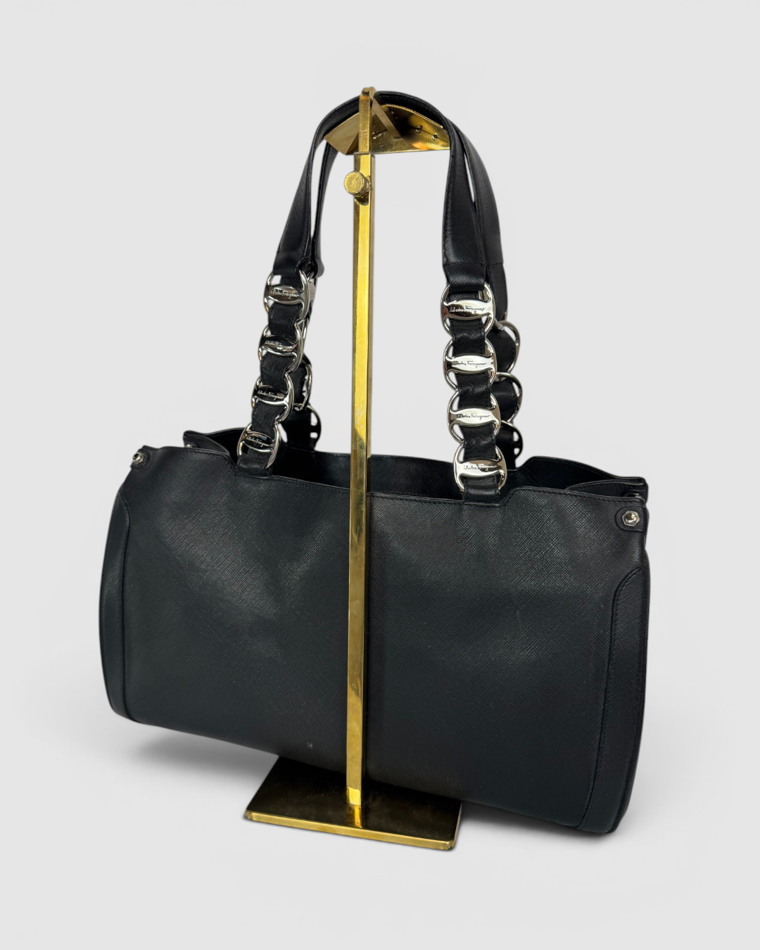 Salvatore Ferragamo Black Saffiano Leather Nicoletta Tote Bag w Silver Accents