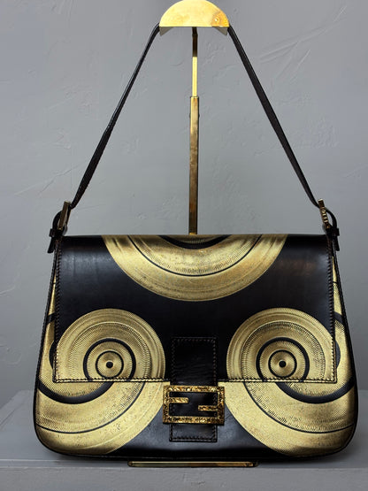 Fendi Brown Leather w/ Gold Metallic Swirls Flap Bag