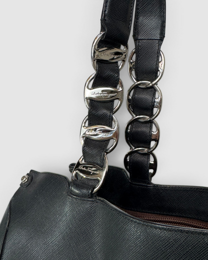 Salvatore Ferragamo Black Saffiano Leather Nicoletta Tote Bag w Silver Accents