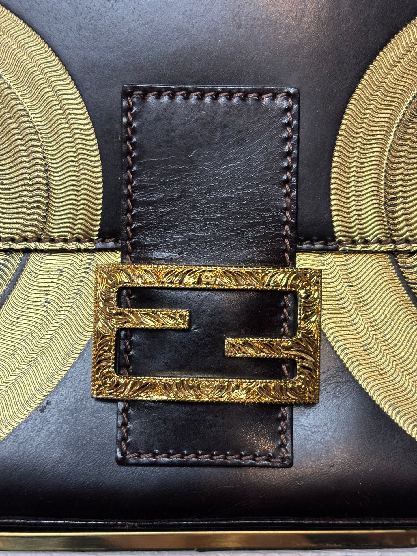 Fendi Brown Leather w/ Gold Metallic Swirls Flap Bag