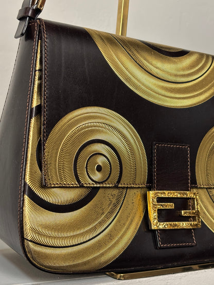 Fendi Brown Leather w/ Gold Metallic Swirls Flap Bag