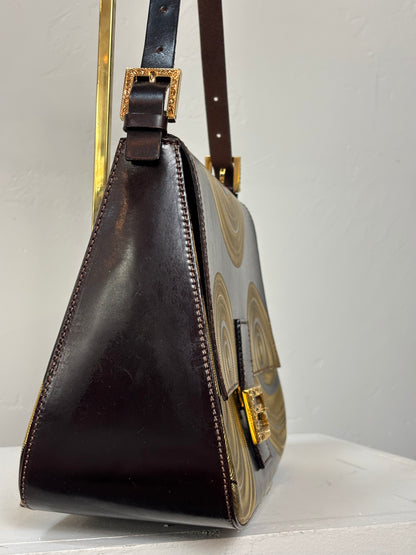 Fendi Brown Leather w/ Gold Metallic Swirls Flap Bag