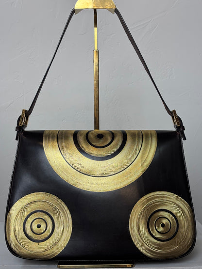 Fendi Brown Leather w/ Gold Metallic Swirls Flap Bag