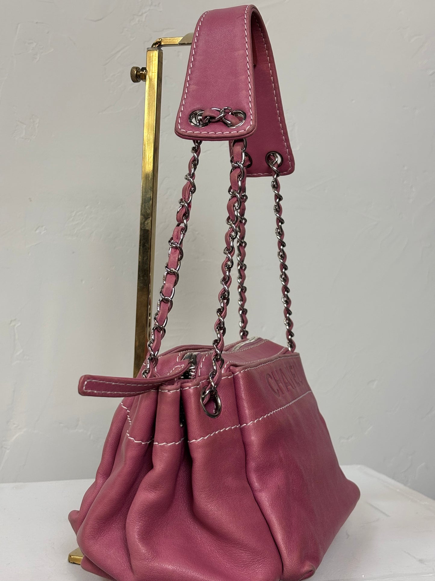 Chanel Pink Lambskin Accordian Hobo Shoulder Bag