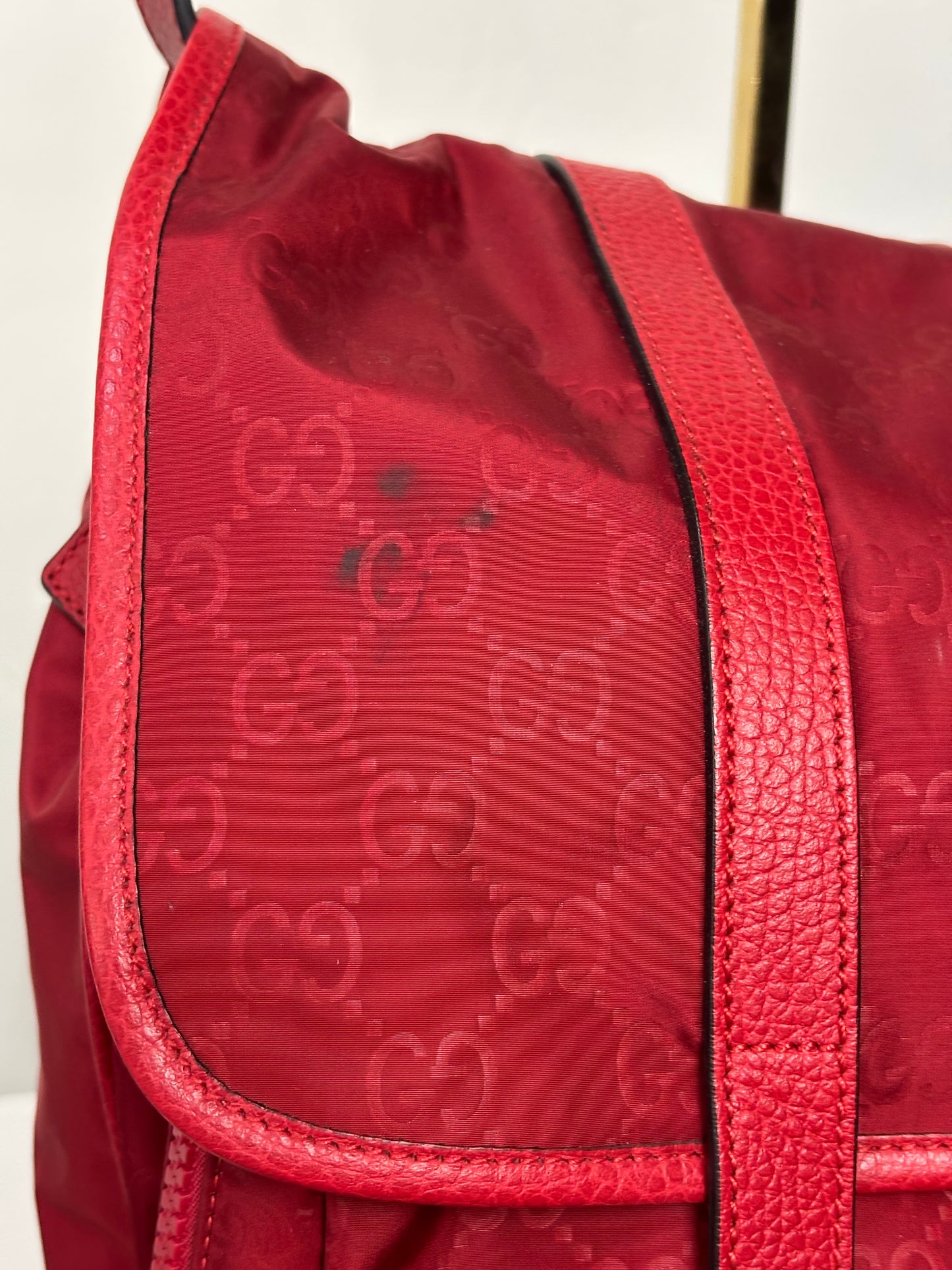 Gucci Red Nylon Monogram Double Buckle Flap Messenger Bag