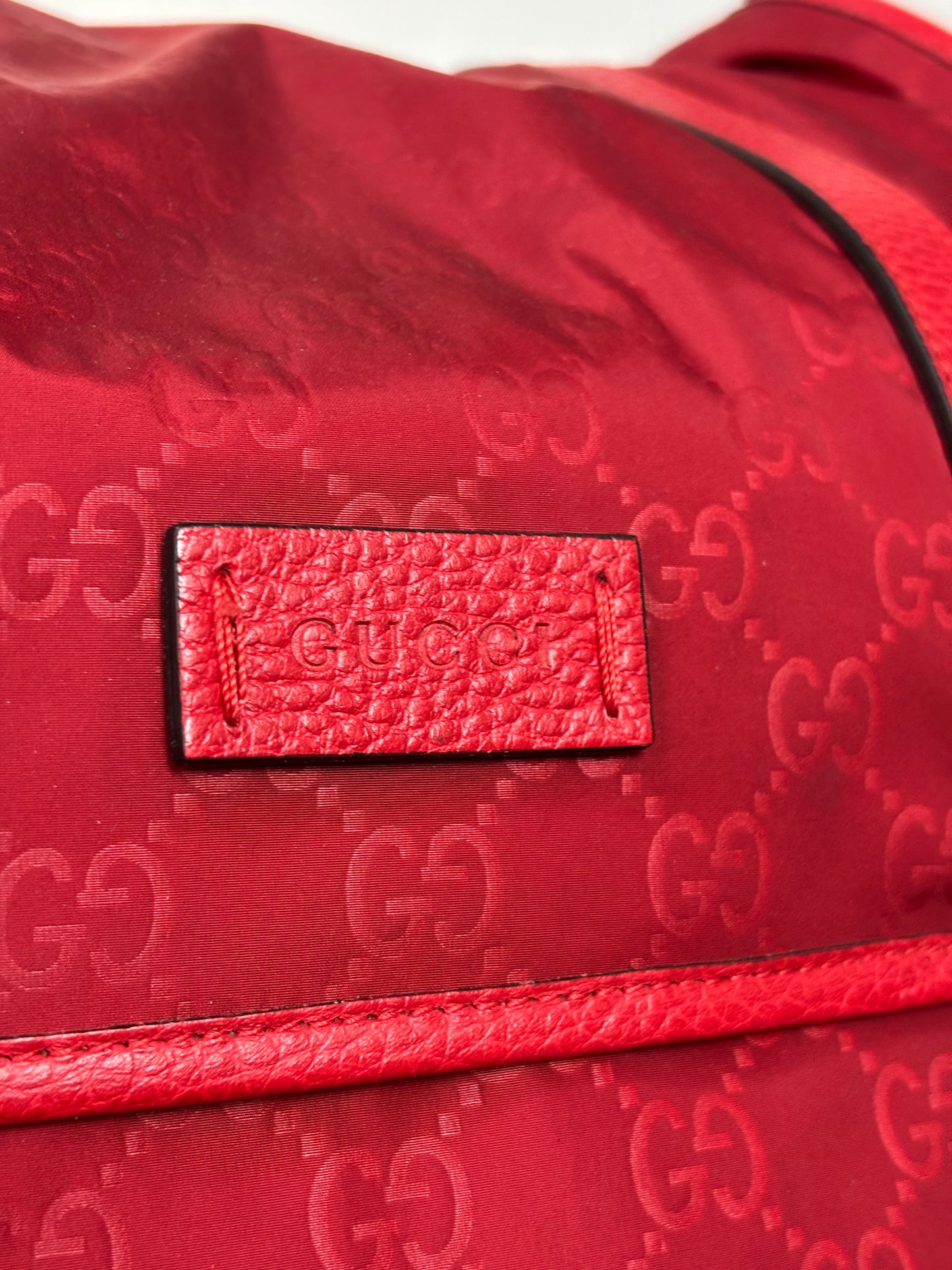 Gucci Red Nylon Monogram Double Buckle Flap Messenger Bag