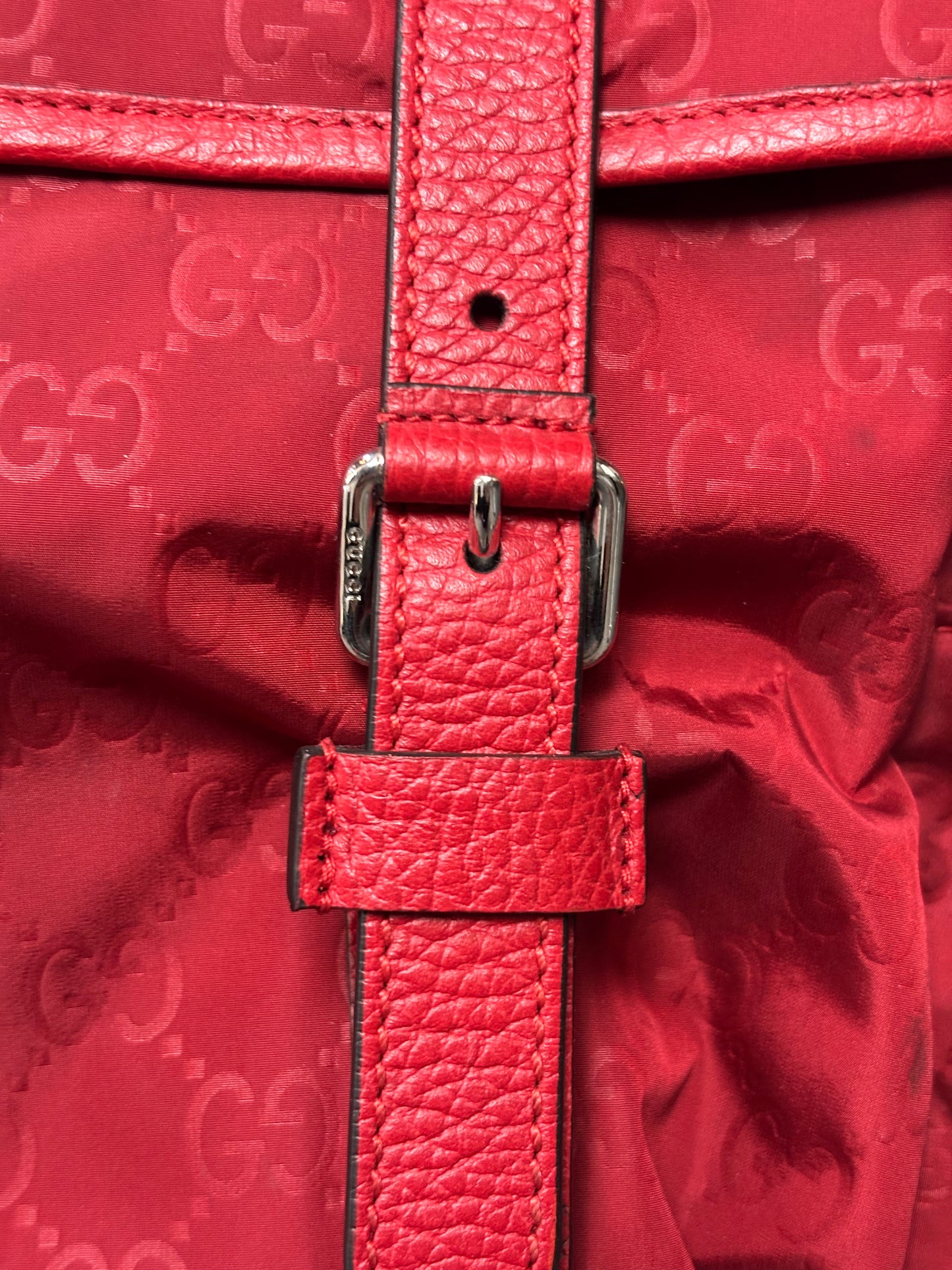 Gucci Red Nylon Monogram Double Buckle Flap Messenger Bag