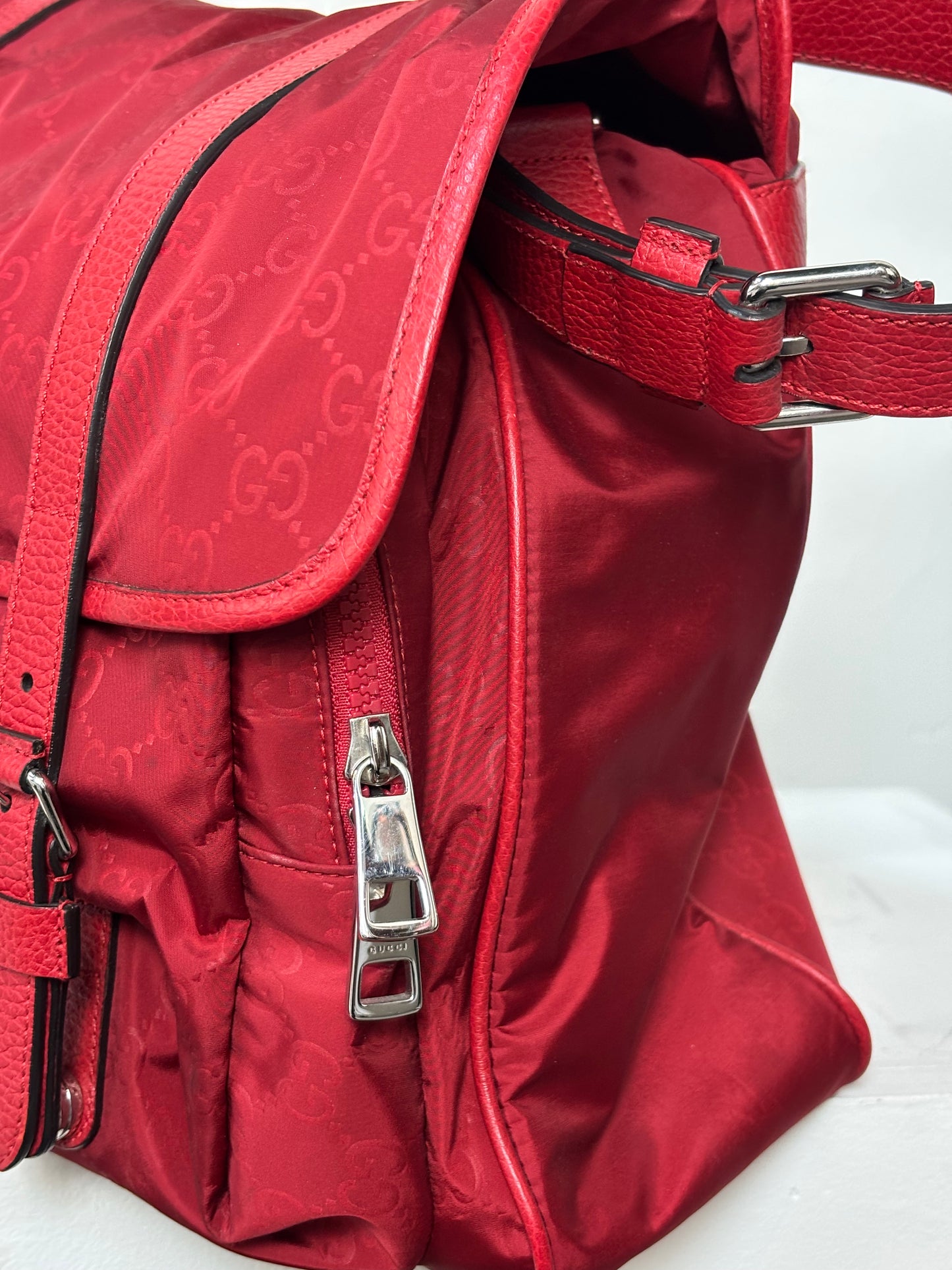 Gucci Red Nylon Monogram Double Buckle Flap Messenger Bag