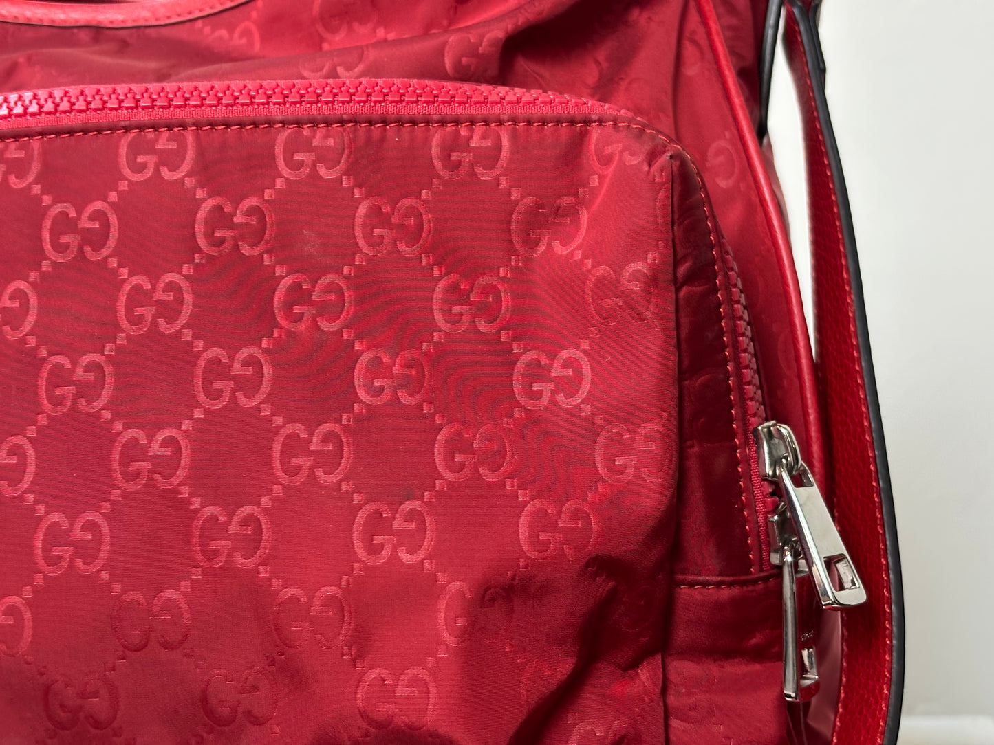 Gucci Red Nylon Monogram Double Buckle Flap Messenger Bag