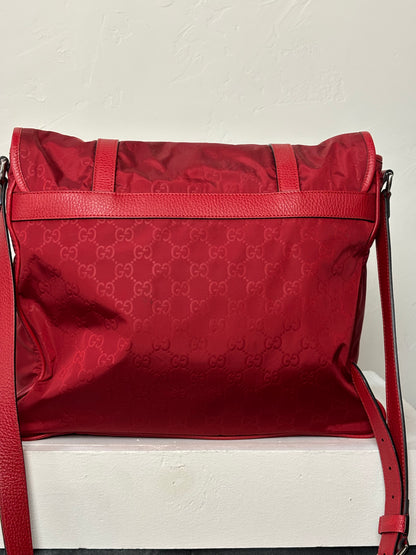 Gucci Red Nylon Monogram Double Buckle Flap Messenger Bag