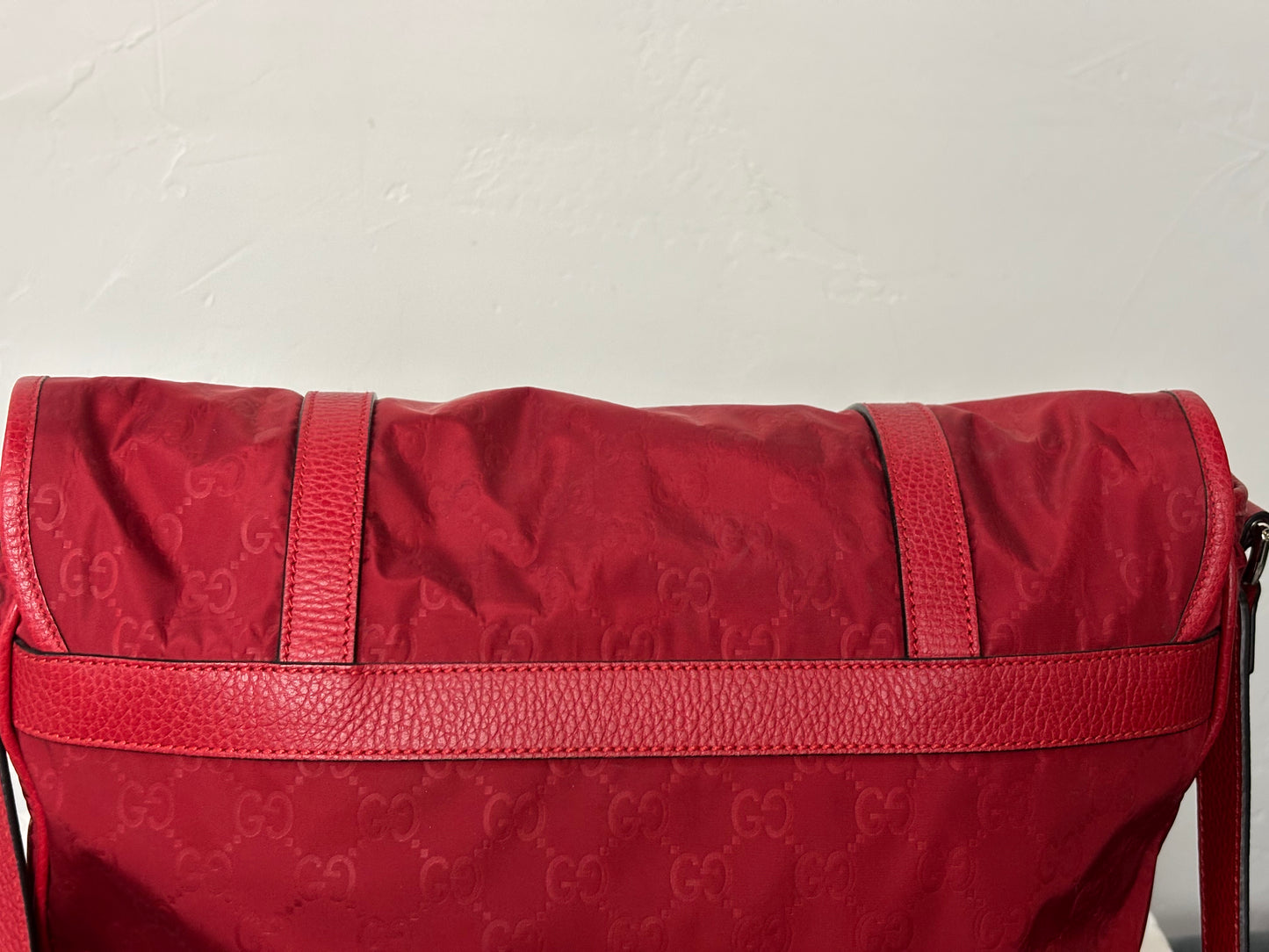 Gucci Red Nylon Monogram Double Buckle Flap Messenger Bag