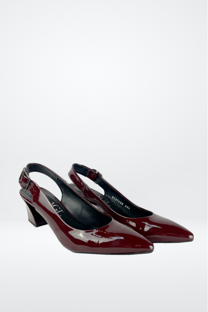AGL Red Wine Leather Pointed Toe Buckle Ankle Pumps