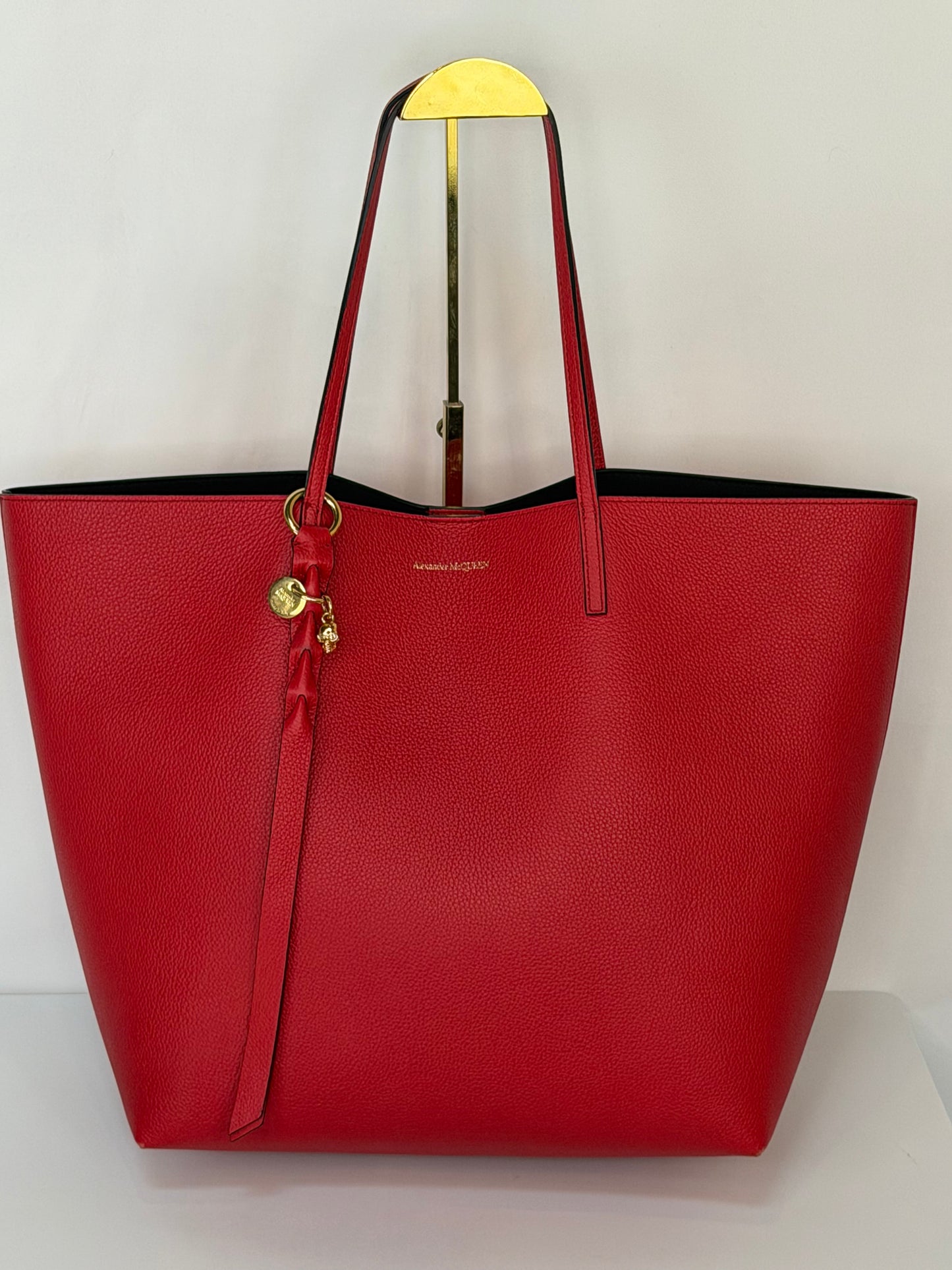 Alexander McQueen Red Pebbles Leather Tote w Gold Hardware & Skull Charm