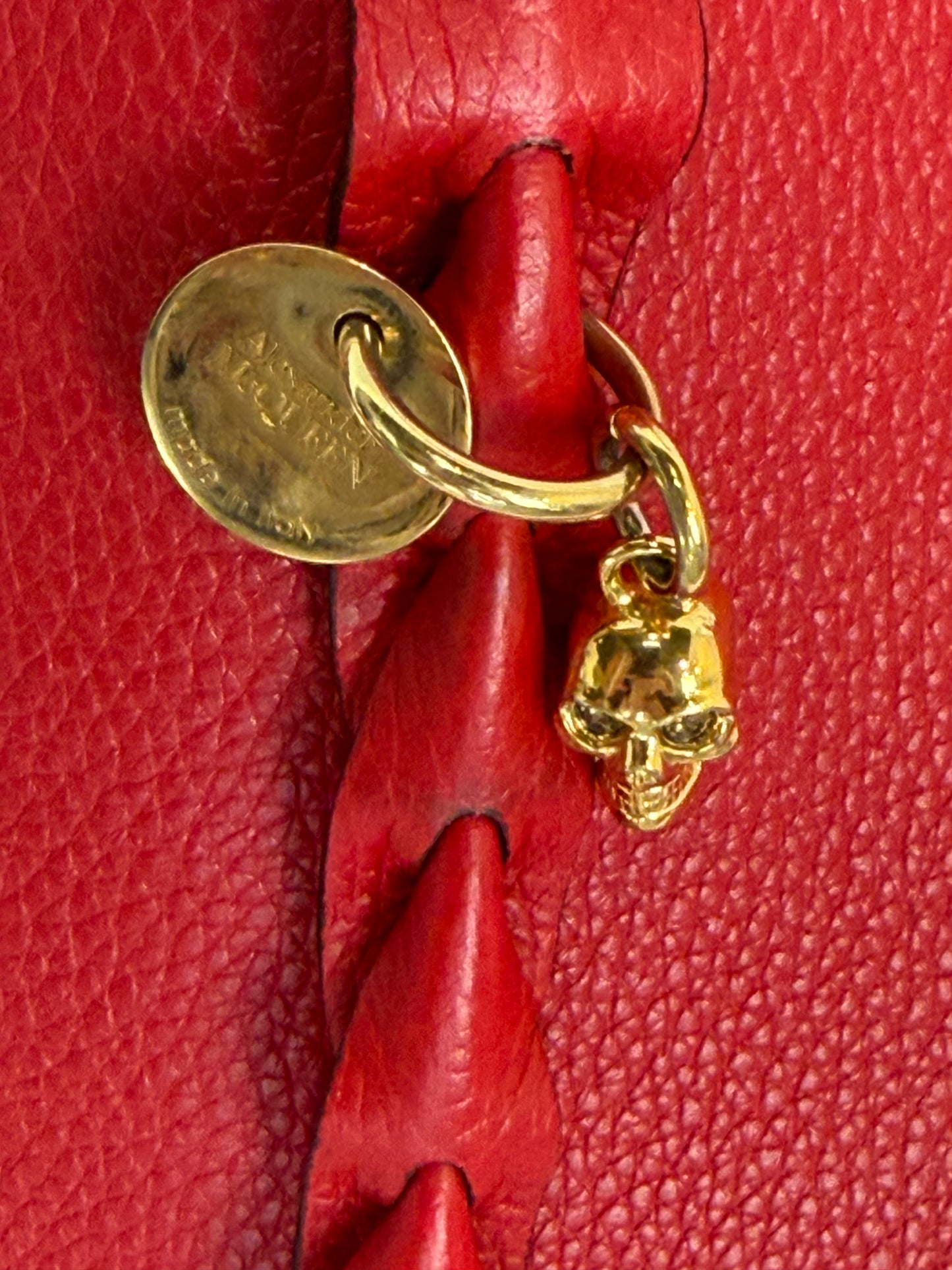 Alexander McQueen Red Pebbles Leather Tote w Gold Hardware & Skull Charm