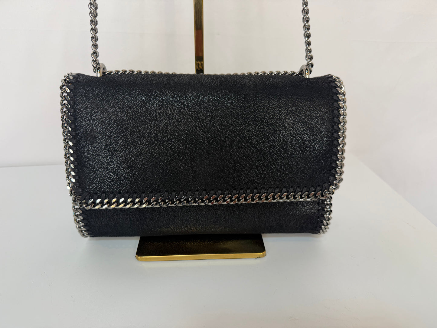 Stella McCartney Black Leather Silver Chain Trim Falabella Crossbody Bag