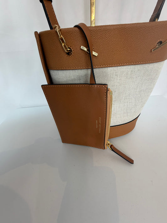 Stuart Weitzman Tan Leather Bucket Bag w Gold Tone Chain & Attached Wallet