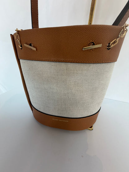 Stuart Weitzman Tan Leather Bucket Bag w Gold Tone Chain & Attached Wallet