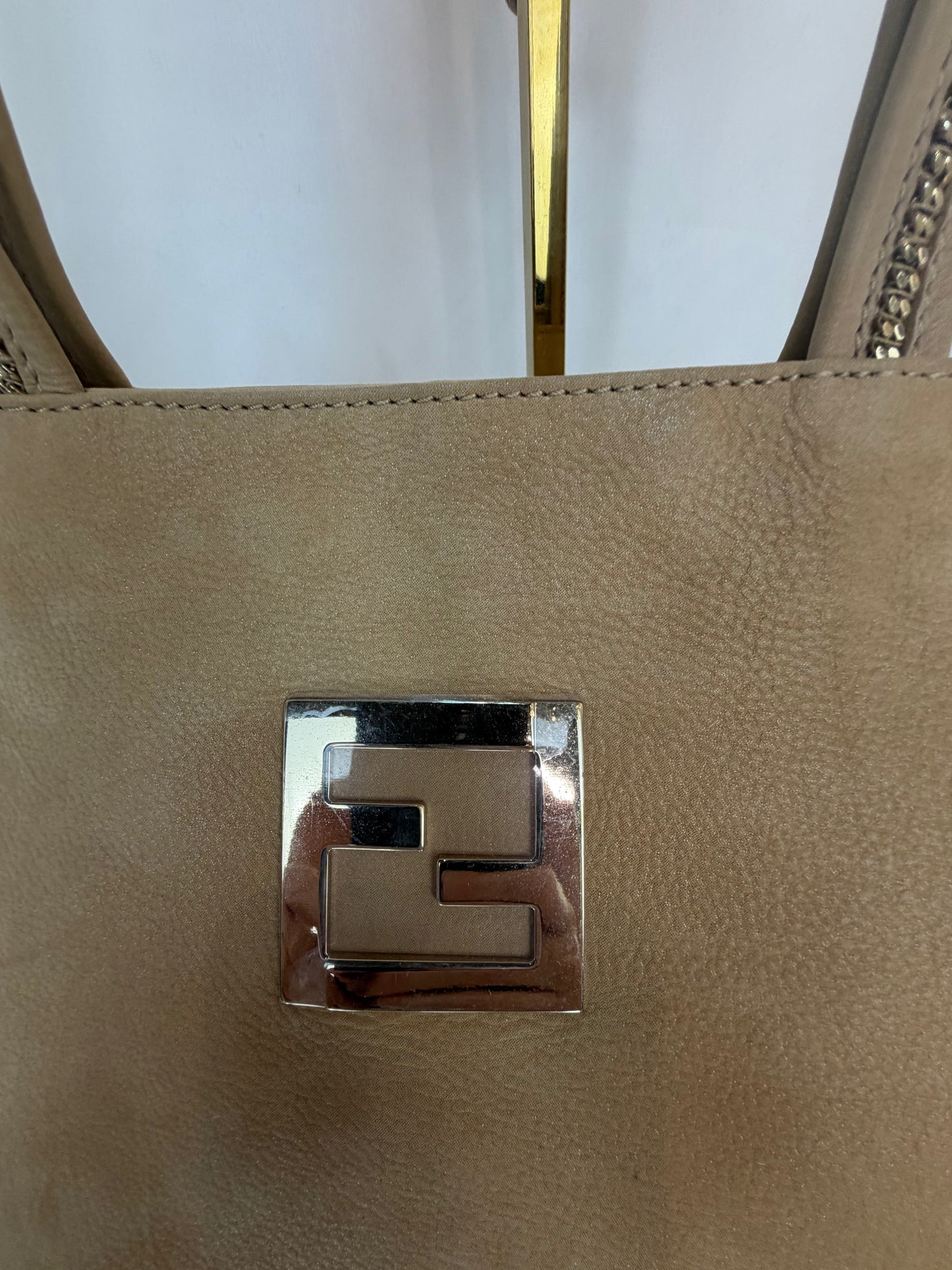 Fendi Suede Light Brown "Nubuck Chains" Tote bag we Gold Hardware