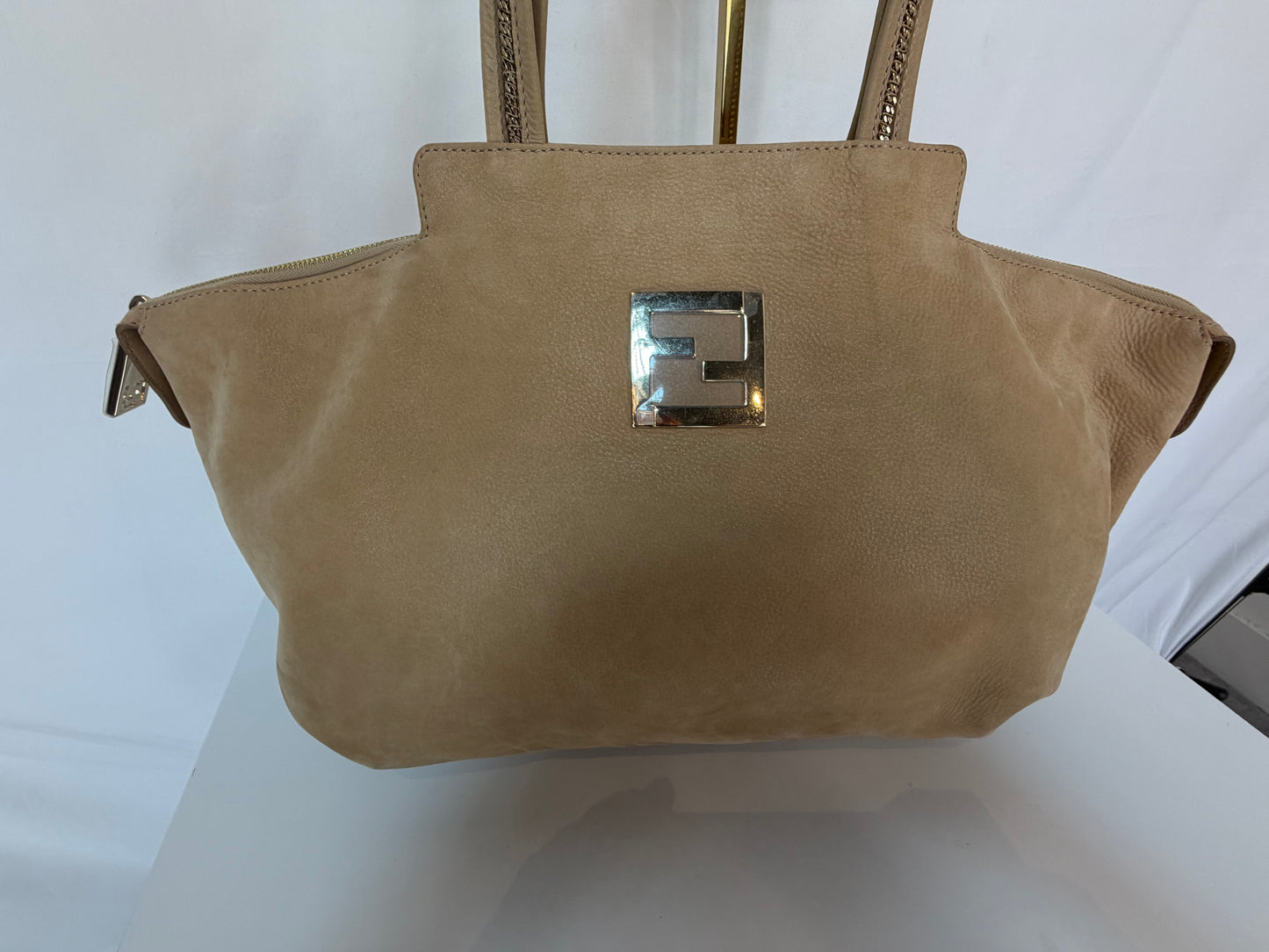 Fendi Suede Light Brown "Nubuck Chains" Tote bag we Gold Hardware