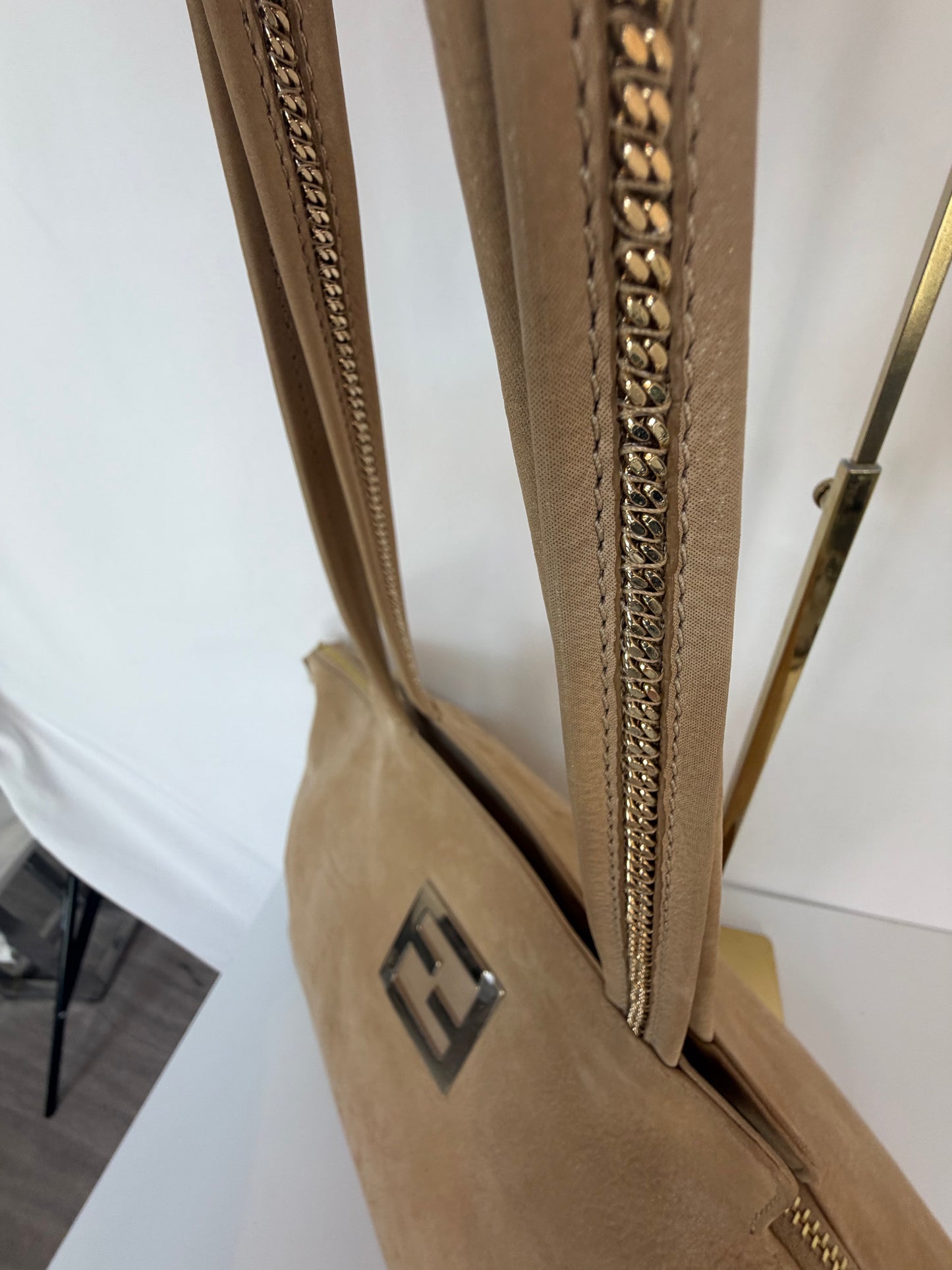 Fendi Suede Light Brown "Nubuck Chains" Tote bag we Gold Hardware