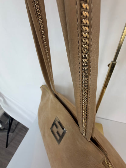 Fendi Suede Light Brown "Nubuck Chains" Tote bag we Gold Hardware