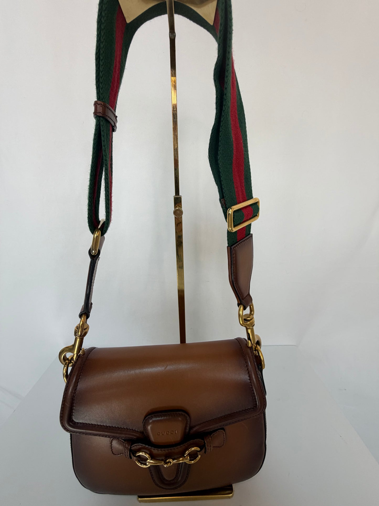 Gucci 1995 Brown Hand-Stained Leather "Lady Webb" Gold Horsebit Detail Shoulder Bag