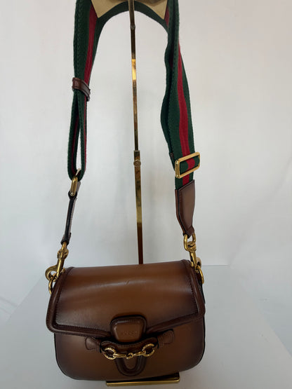 Gucci 1995 Brown Hand-Stained Leather "Lady Webb" Gold Horsebit Detail Shoulder Bag