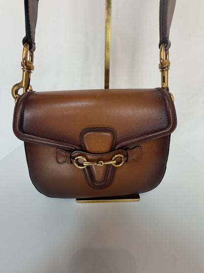 Gucci 1995 Brown Hand-Stained Leather "Lady Webb" Gold Horsebit Detail Shoulder Bag