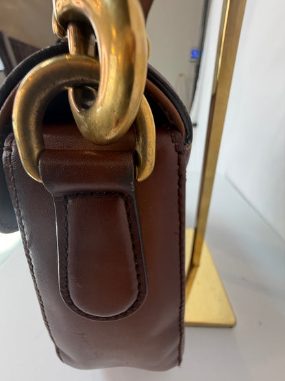 Gucci 1995 Brown Hand-Stained Leather "Lady Webb" Gold Horsebit Detail Shoulder Bag