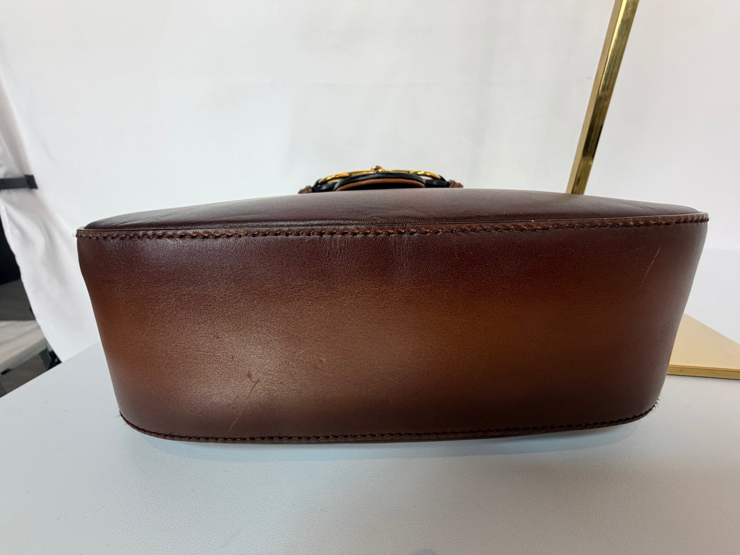Gucci 1995 Brown Hand-Stained Leather "Lady Webb" Gold Horsebit Detail Shoulder Bag