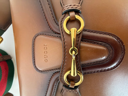 Gucci 1995 Brown Hand-Stained Leather "Lady Webb" Gold Horsebit Detail Shoulder Bag