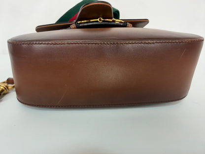 Gucci 1995 Brown Hand-Stained Leather "Lady Webb" Gold Horsebit Detail Shoulder Bag