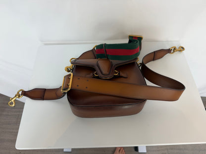 Gucci 1995 Brown Hand-Stained Leather "Lady Webb" Gold Horsebit Detail Shoulder Bag
