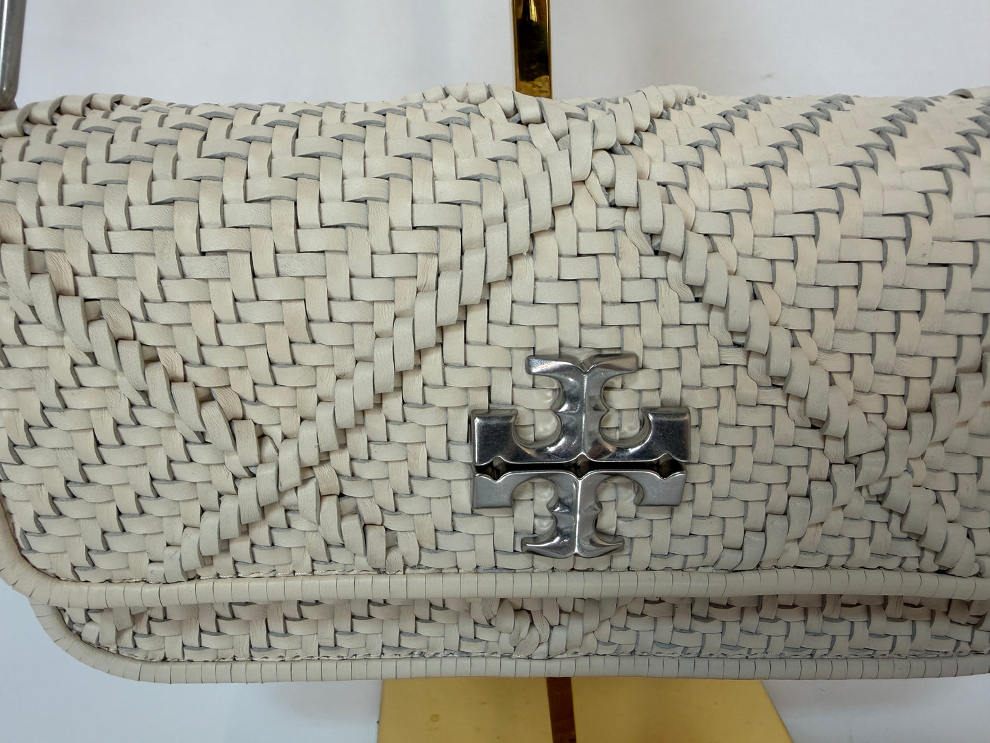Tory Burch Ivory White Diamond Woven Mini Flap Shoulder/Crossbody Bag