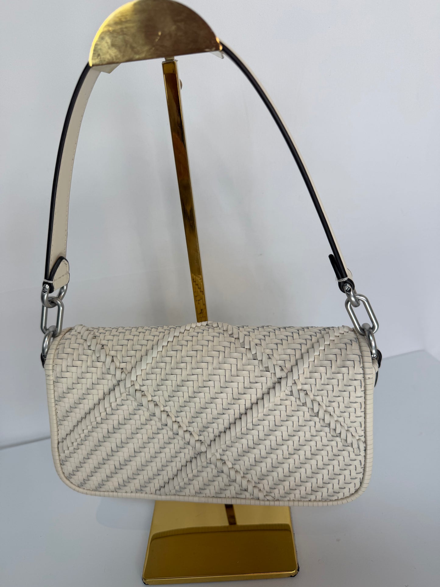 Tory Burch Ivory White Diamond Woven Mini Flap Shoulder/Crossbody Bag