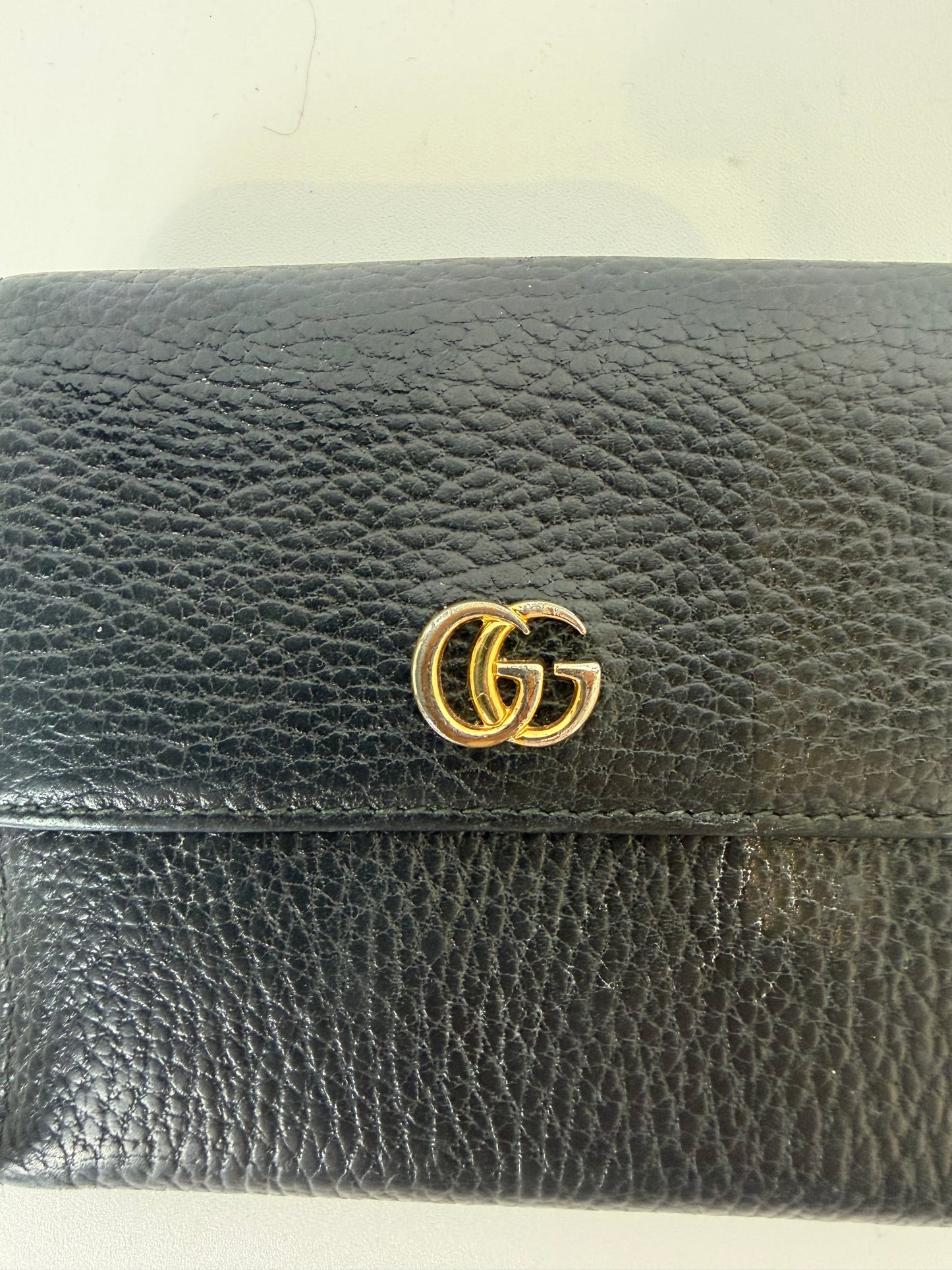 Gucci Black Pebble Leather Gold Logo Flap & Bifold Wallet