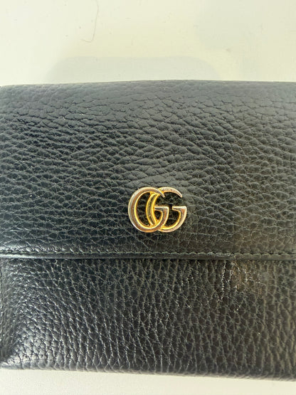 Gucci Black Pebble Leather Gold Logo Flap & Bifold Wallet