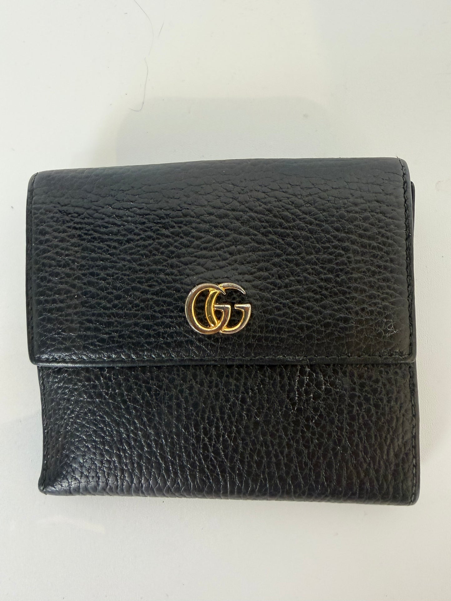 Gucci Black Pebble Leather Gold Logo Flap & Bifold Wallet