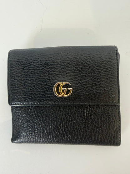 Gucci Black Pebble Leather Gold Logo Flap & Bifold Wallet