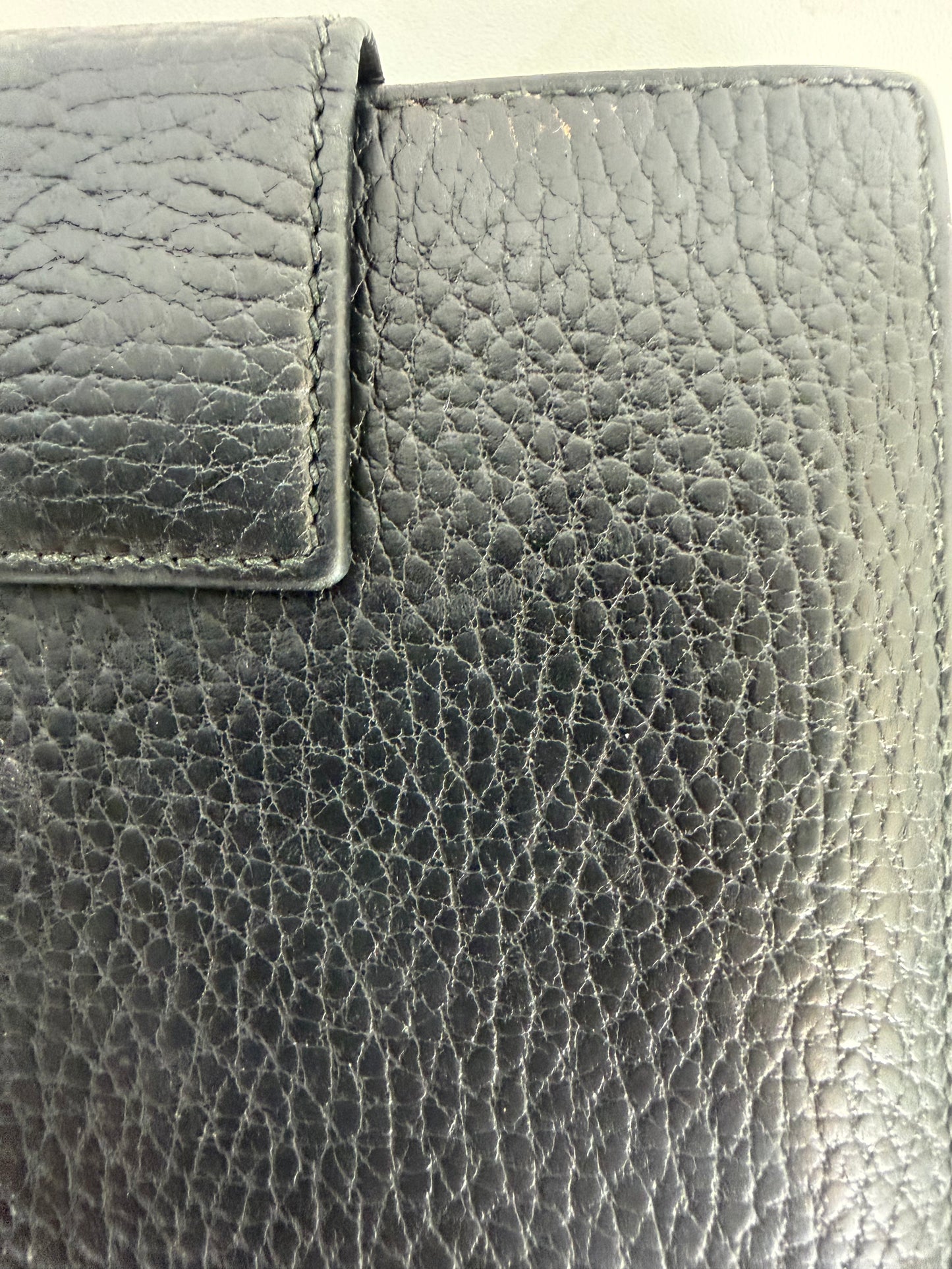 Gucci Black Pebble Leather Gold Logo Flap & Bifold Wallet
