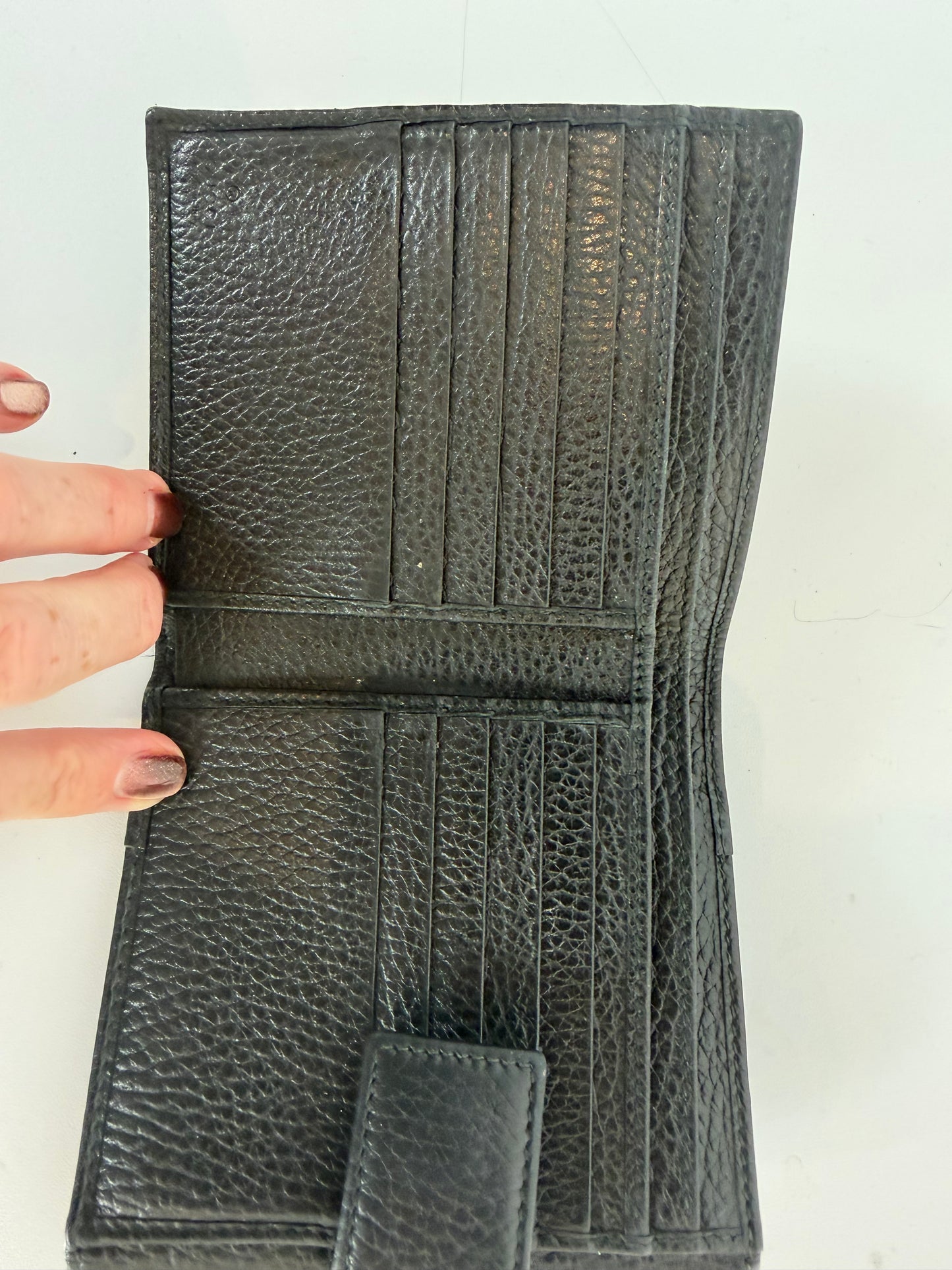 Gucci Black Pebble Leather Gold Logo Flap & Bifold Wallet
