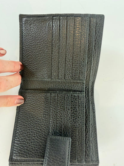 Gucci Black Pebble Leather Gold Logo Flap & Bifold Wallet