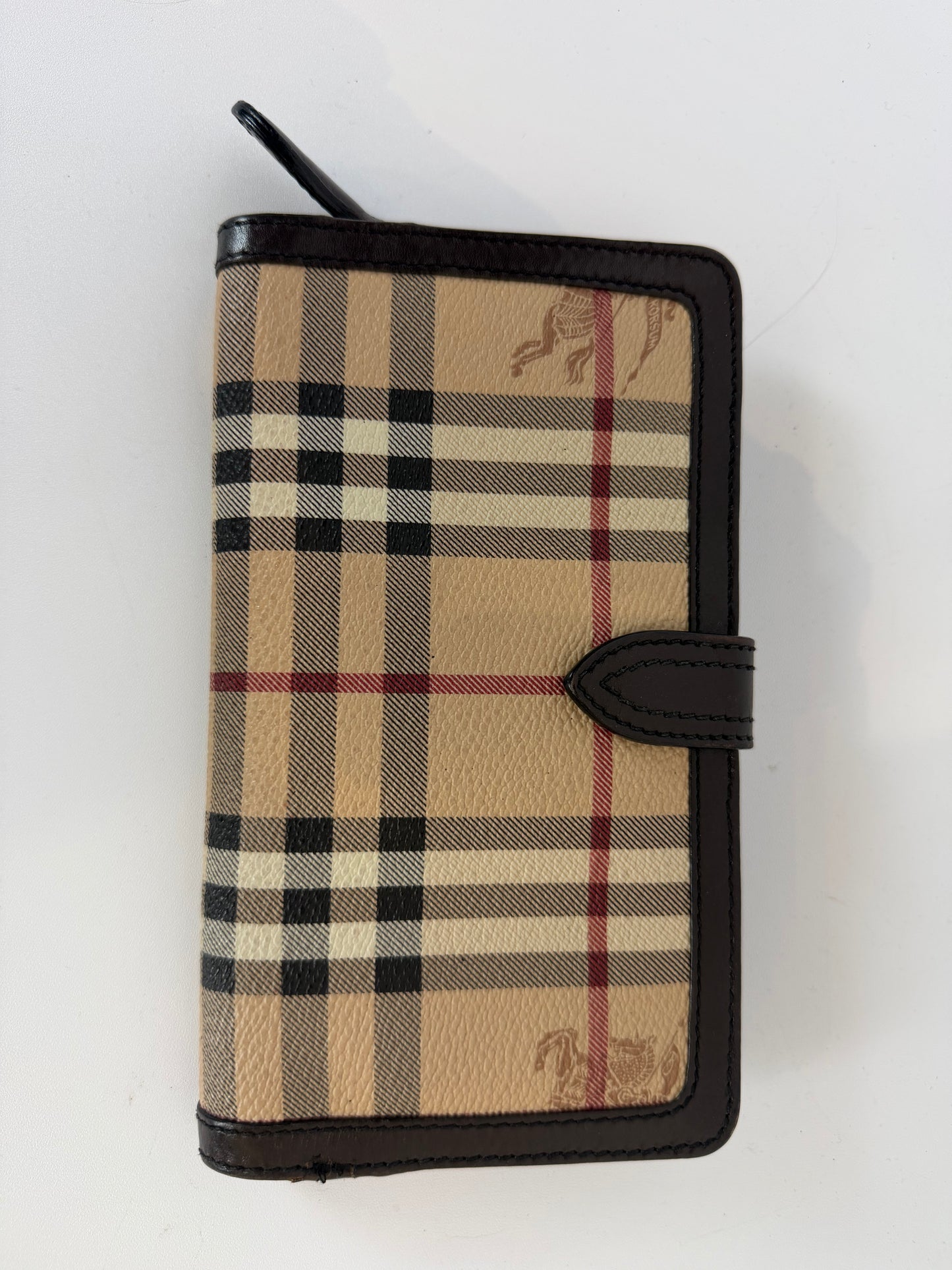 Burberry Haymarket Check Leather Continental Wallet w/ Brown Leather Trim