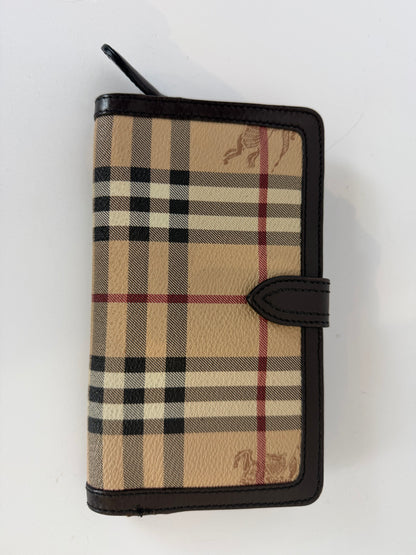Burberry Haymarket Check Leather Continental Wallet w/ Brown Leather Trim