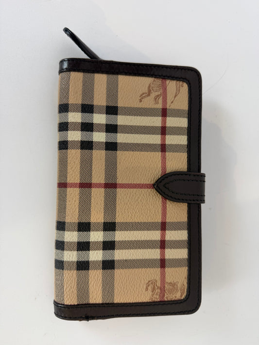 Burberry Haymarket Check Leather Continental Wallet w/ Brown Leather Trim