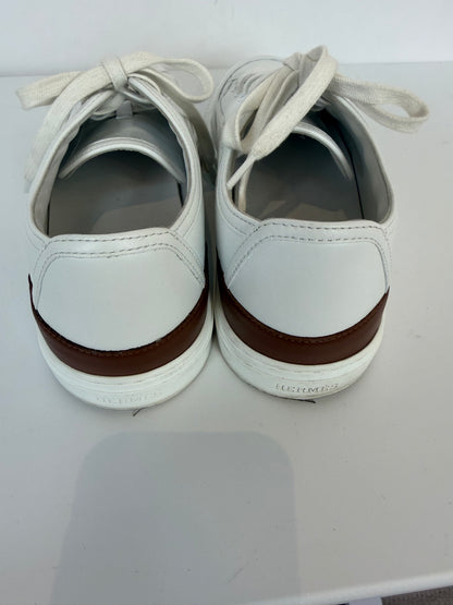 W Box-Hermes White Leather Brown Heel Accent "Get" Sneakers w Logo Stencil