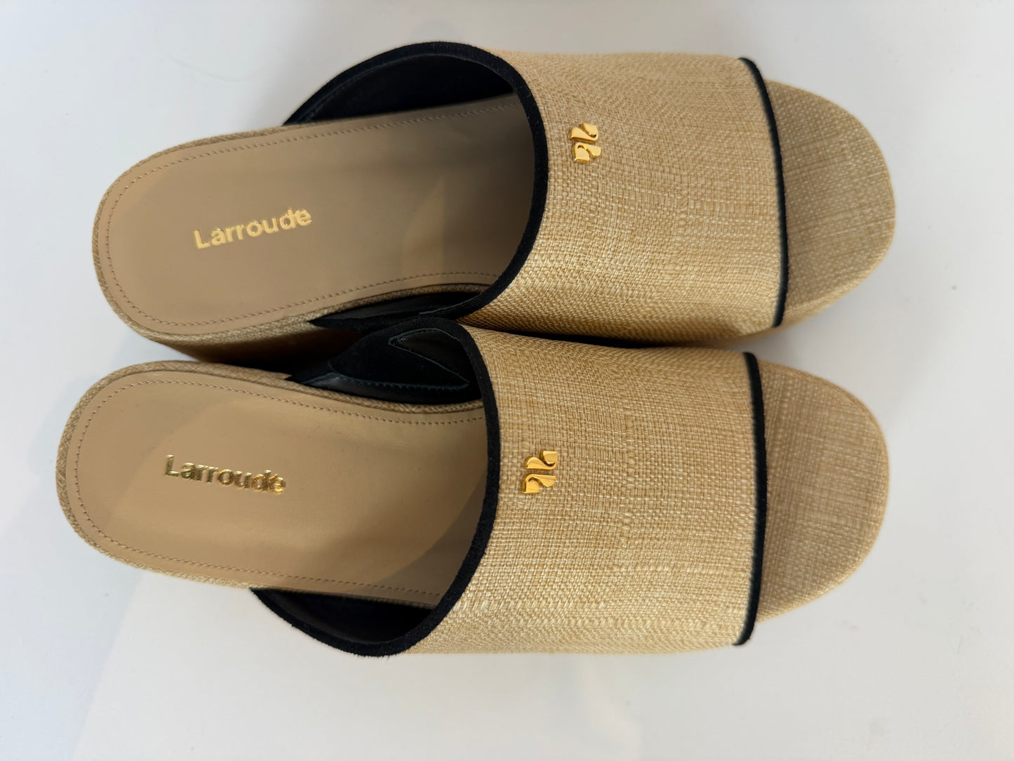 Larroude Dolly Raffia Beige Black Trim Platform Slides