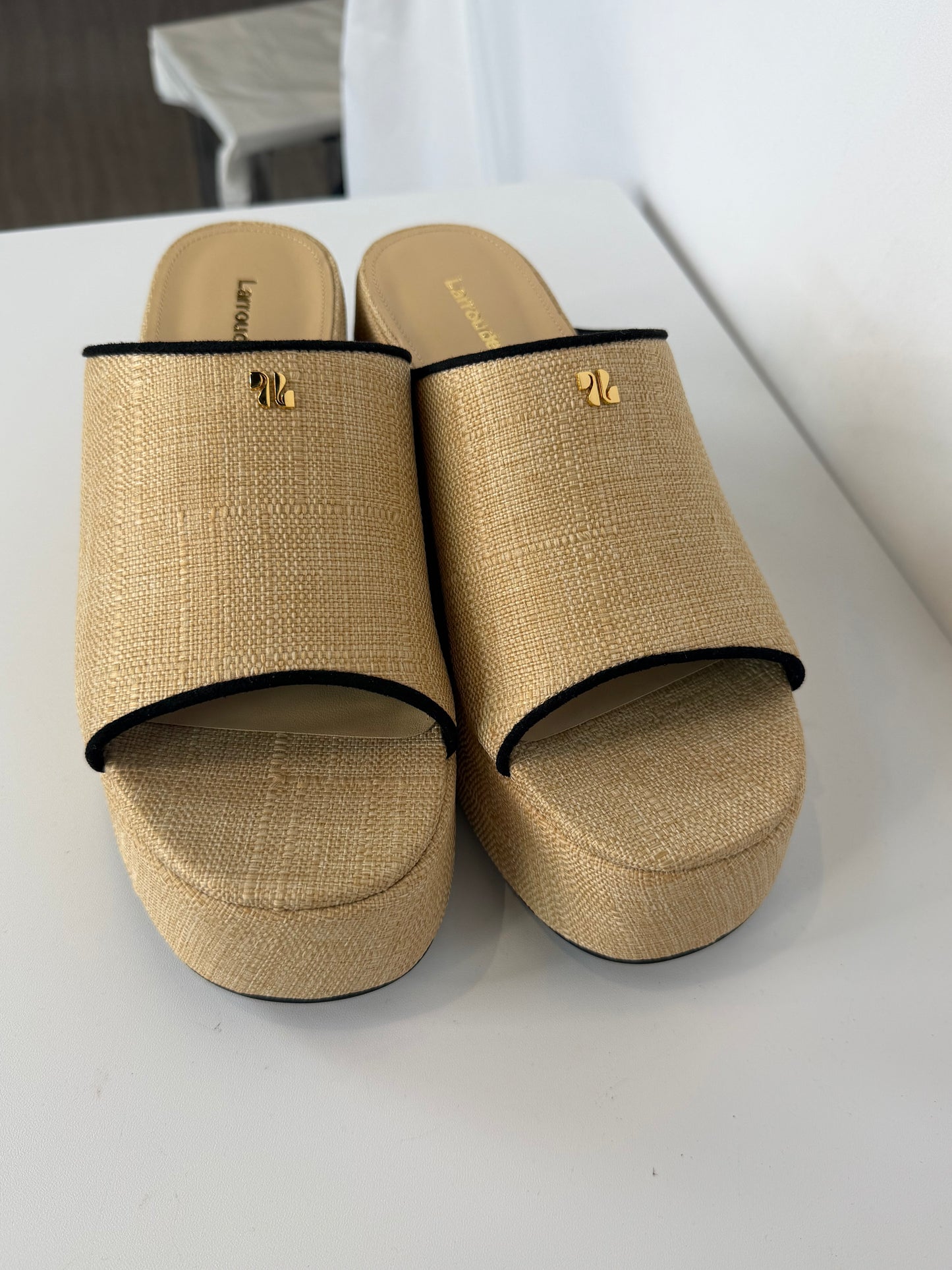 Larroude Dolly Raffia Beige Black Trim Platform Slides
