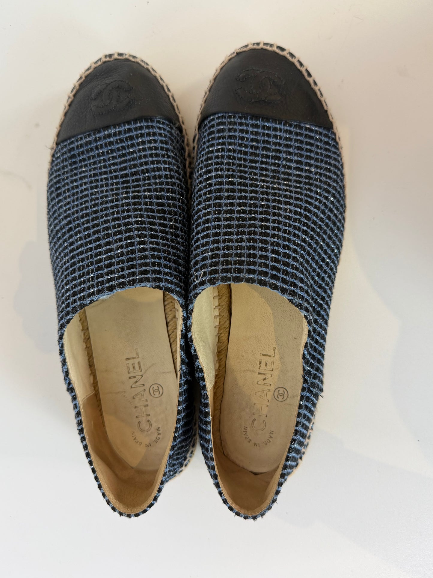 Chanel Blue Black Tweed CC Leather Cap Espadrille Flats